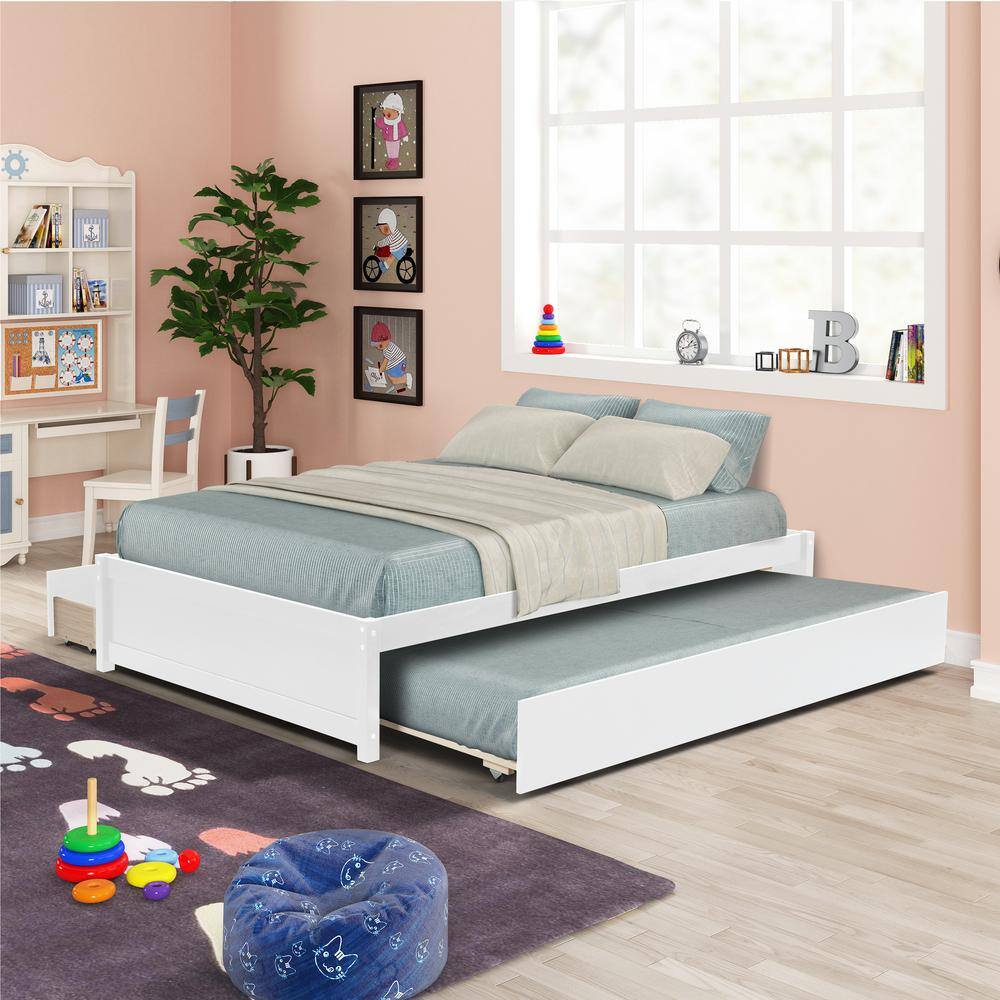 Qualler 80.51 in. W White Full Size Wood Frame Platform Bed with Trundle and 2-Drawers
