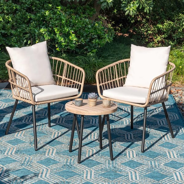 Black 3-Piece Metal and PE Wicker Round Outdoor Bistro Set with Beige Cushions