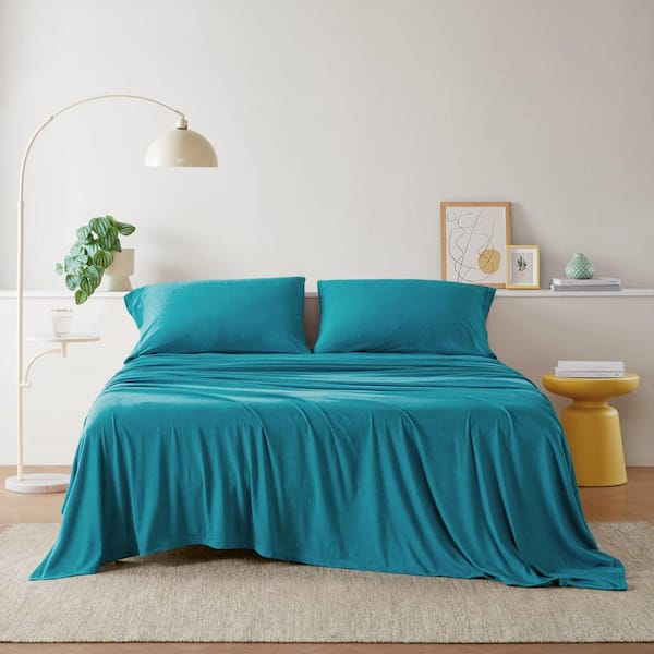 Cotton Blend Jersey Knit 4-Piece Teal Cotton Blend King All Season Sheet Set