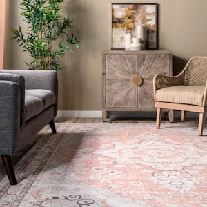 Tracie Machine Washable Floral Medallion Area Rug Peach 2' 6" ft. x 10' ft. Runner Rug