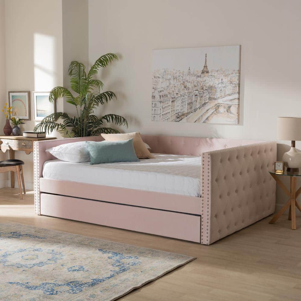 Pink Velvet Upholstered Queen Daybed with Trundle and Tufted Design