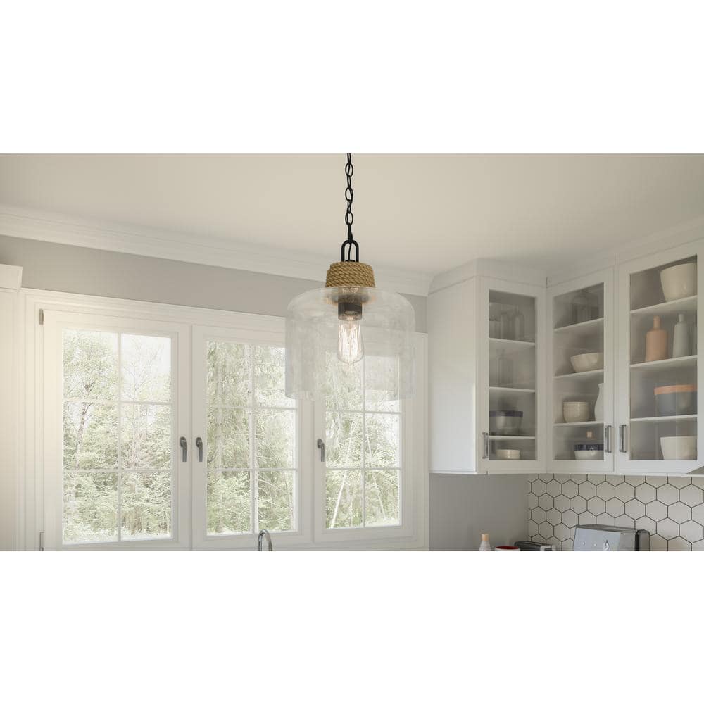 Matte Black Glass Mini Pendant Light with Rope Detail