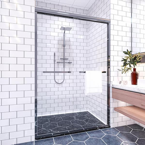 waterpar 46 to 48 in. W. x 72 in. H Double Sliding Semi-Frameless Shower Door in Chrome with Double Handle