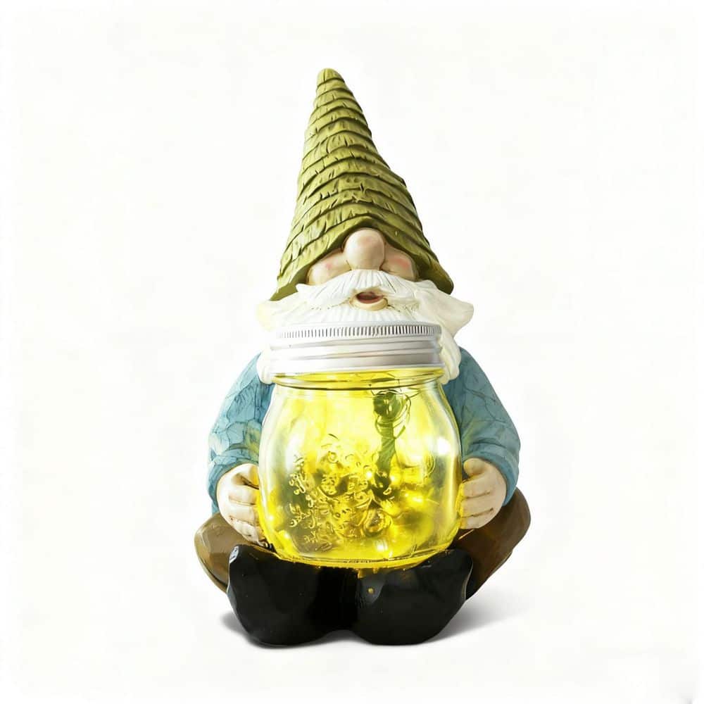 6 in. x 11 in. Green Resin Solar Firefly Jar Gnome Waterproof
