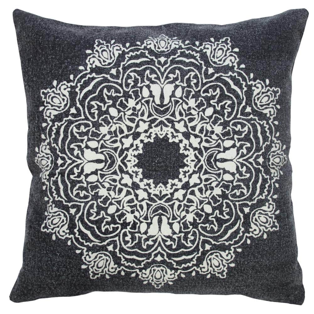 Bohemian Jet Black/White Mandala Medallion 20 in. x 20 in. Indoor Throw Pil