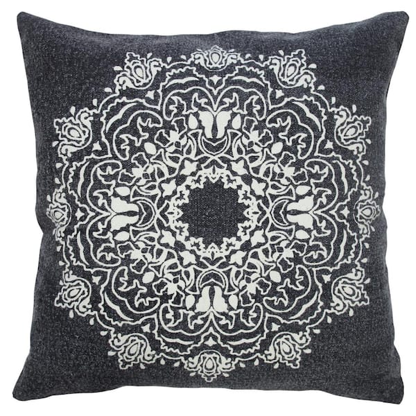 Unbranded Bohemian Jet Black/White Mandala Medallion 20 in. x 20 in. Indoor Throw Pillow