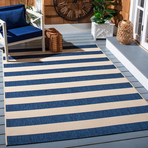 Courtyard Beige/Navy 7 ft. x 10 ft. Awning Stripe Indoor/Outdoor Area Rug