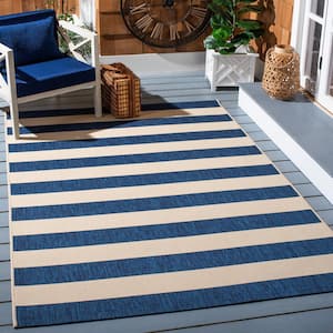 Courtyard Beige/Navy 7 ft. x 7 ft. Awning Stripe Indoor/Outdoor Square Area Rug