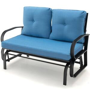 Black Metal 2-Person Outdoor Patio Glider with Nevy Blue Cushions