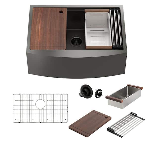 30 in. Farmhouse Single Bowl 16-Gauge Nano PVD Stainless Steel Black Kitchen Sink with Workstation and Cutting Board