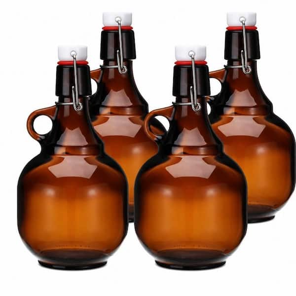 4 Pack 68 oz. Glass Growlers with Lid for Beer, liquid Jugs for Soda Cider Alcohol Wine Home Brewing Fermenting, Brown