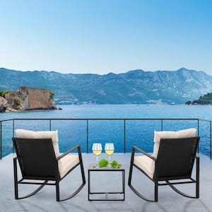 3-Piece Wicker Patio Conversation Set Outdoor Bistro Furniture Set 2 Rocking Chairs, Glass Side Table w/ Beige Cushions