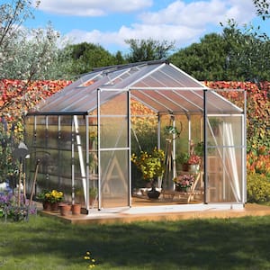 Walk-in Polycarbonate Greenhouse 10 ft. D x 8 ft. W x 7 ft. H Fixed Plant Greenhouse with Adjustable Roof Vents, Sliver