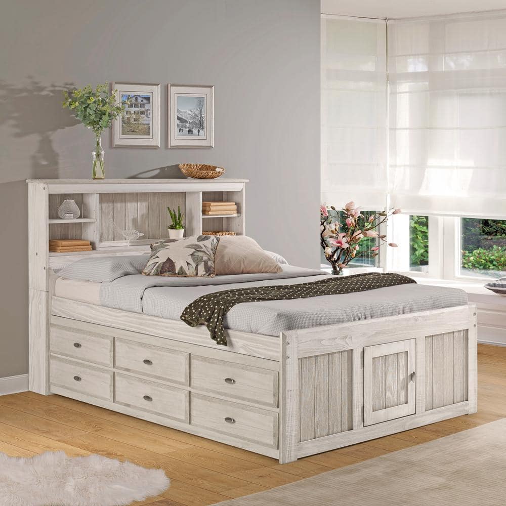 Light Ash Full Size Solid Pine Captain's Bed with Bookcase and Storage Drawers