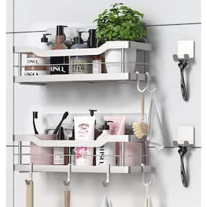 Wall Mount Shower Caddy Bathroom Shelf with 8 Hooks in Silver(2-Pack)