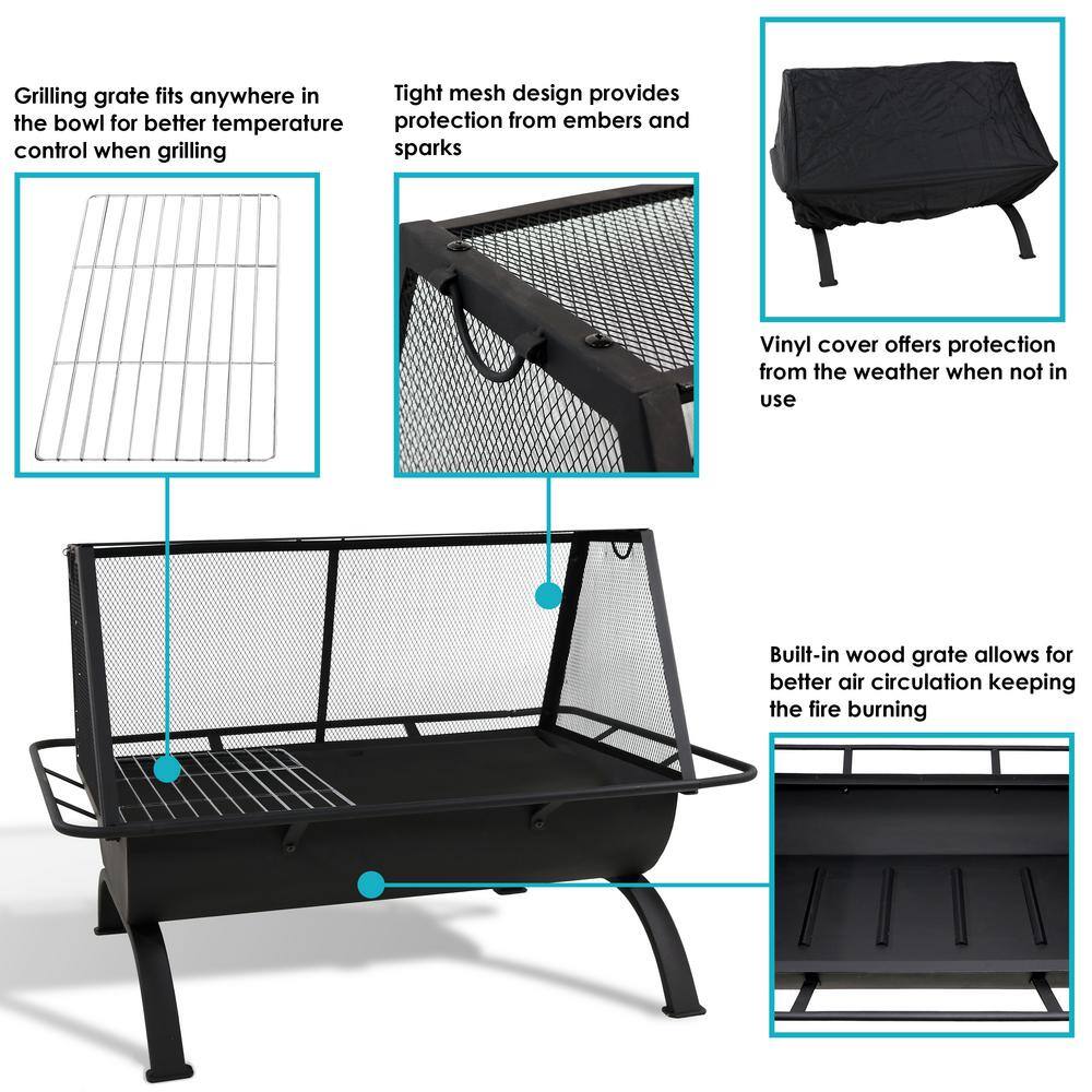 36-Inch Black Steel Outdoor Fire Pit with Grill and Spark Screen