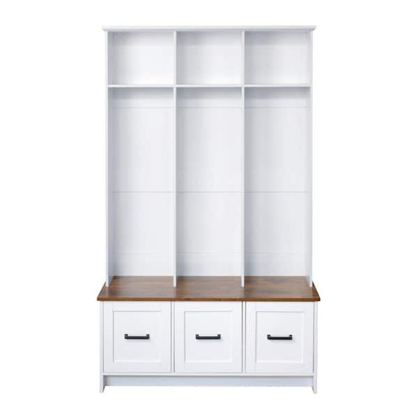 Modern Hall Tree with Entryway Bench, 3 Shelves and Drawers, Storage Bench for Hallway, Entryway, Living Room, White