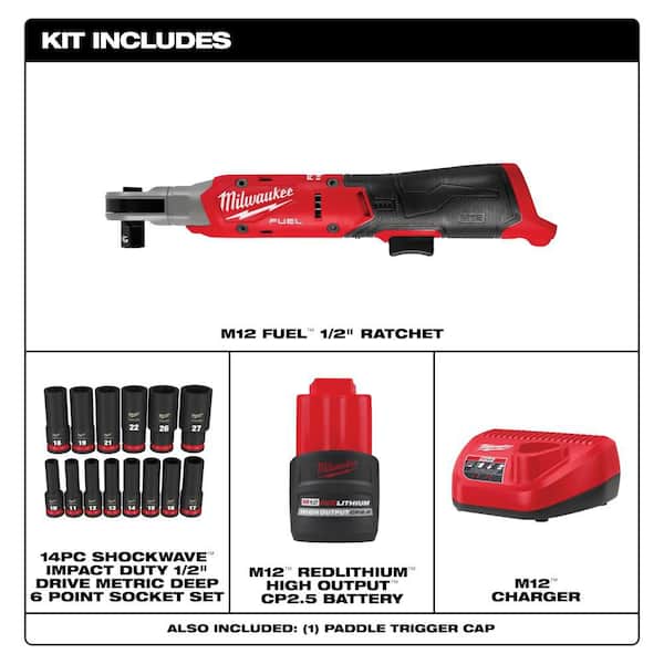 M12 12V Lithium-Ion 1/2 in. Cordless Ratchet Kit with Battery, Charger, Bag and 1/2 in. Impact Socket Set