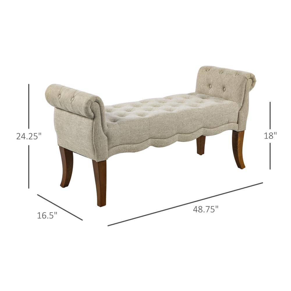 Elegant Beige Linen Tufted Bedroom Bench with Rounded Arms