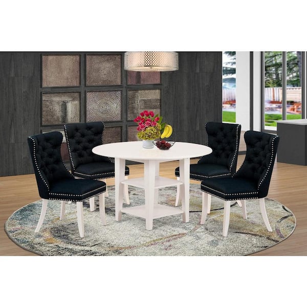 East West Furniture 5-Piece Linen White Finish Solid Wood Top - Round Upholstered Dining Room Set with Dropleaf - Seats 4