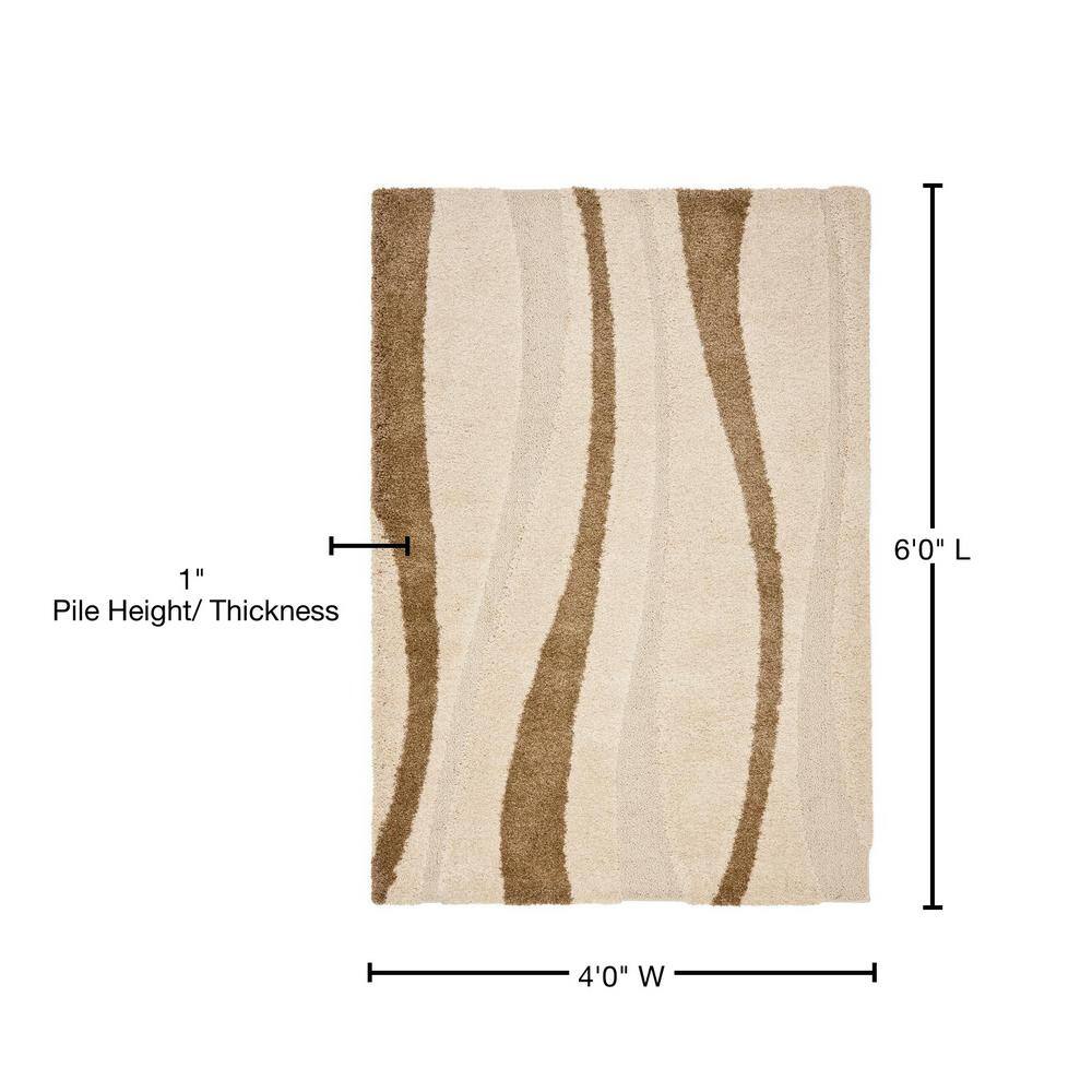 Cream and Dark Brown Rectangular Shag Rug, 4' x 6'