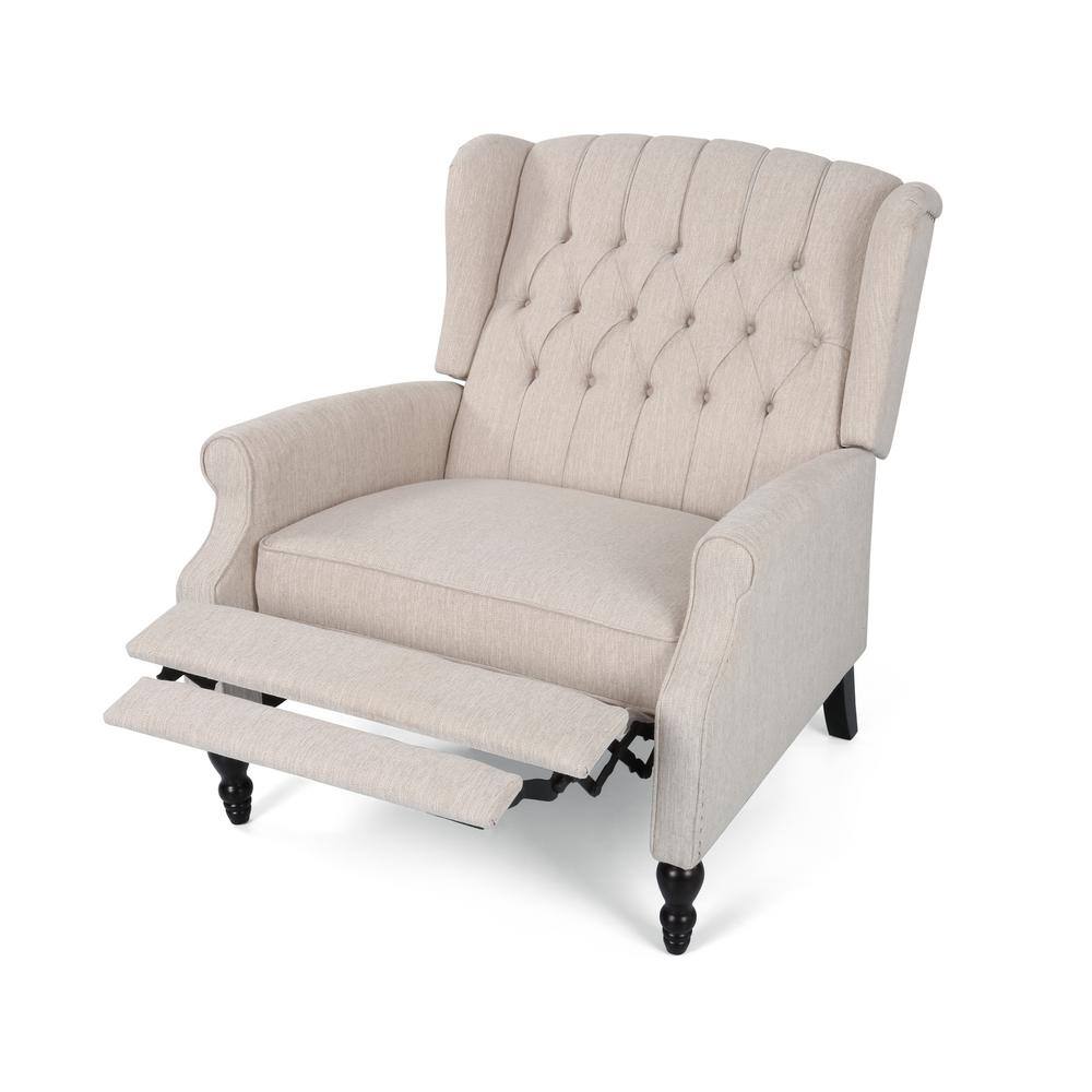 Handcrafted Birch Wood Oversized Beige Recliner with Dark Brown Legs