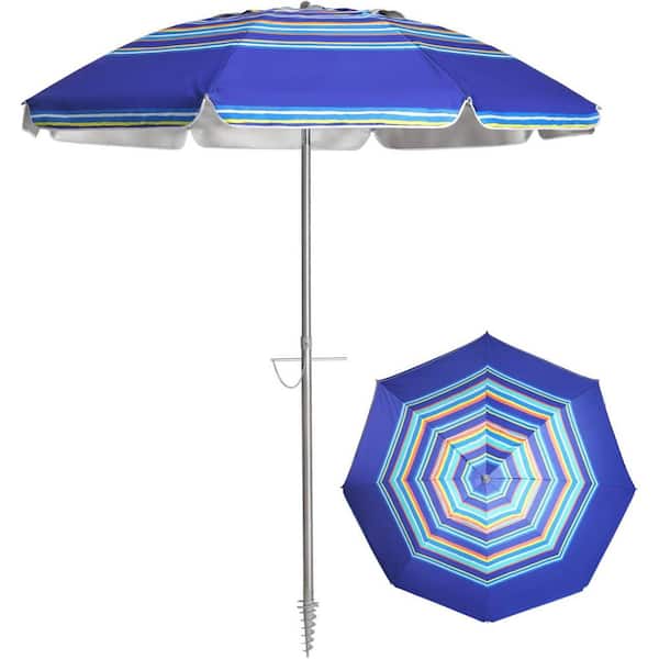 7 ft. Metal Tilt Beach Umbrella with Sand Anchor and Carry Bag in Dark Blue Stripes