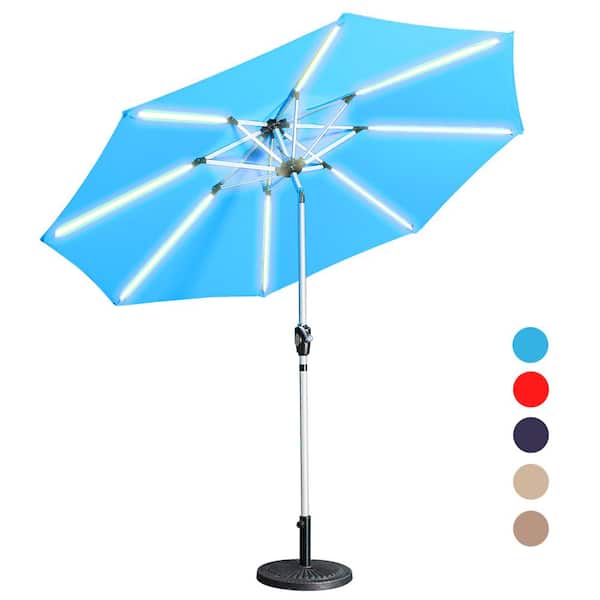 CASAINC 9 ft. Aluminum Market High Quality 3-Way Solar LED Lights Tilt Patio Umbrella in Lake Blue