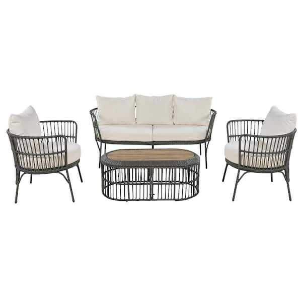 Sudzendf Gray 4-Piece Metal Outdoor Patio Conversation Set with Coffee Table and Beige Cushions