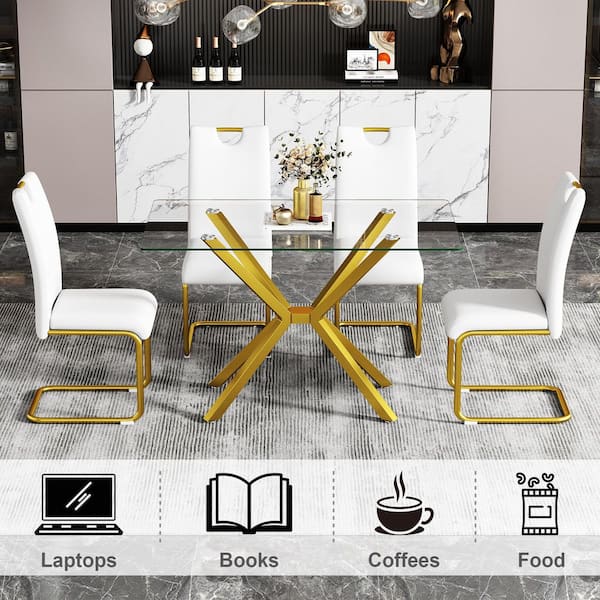 47.24 in. Rectangular Clear Tempered Glass Table with Adjustable Gold Metal Cross Legs Dining Table, Seats 4-6 people