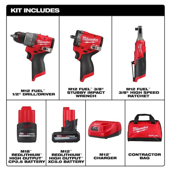 Milwaukee M12 FUEL 12V Lithium-Ion Cordless Drill Driver, Impact Wrench,  and Ratchet Combo Kit (3-Tool) w/Batteries, Charger Bag 3424-23 - Main Image