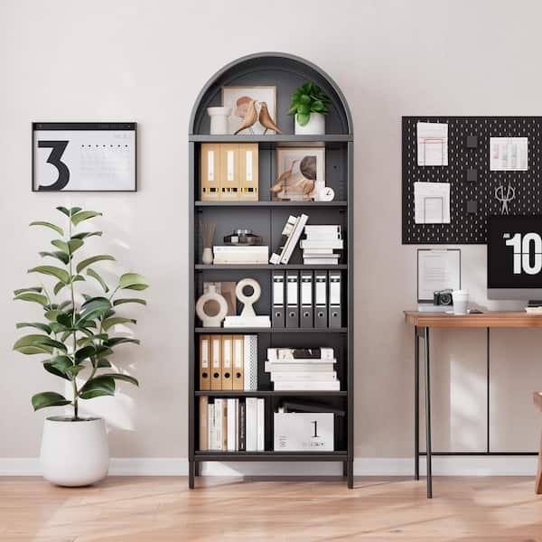 28 in. W x 73 in. H x 14 in. D Arch Metal Freestanding Cabinet,Metal Arch Bookshelf with 4-Adjustable Shelves in Black