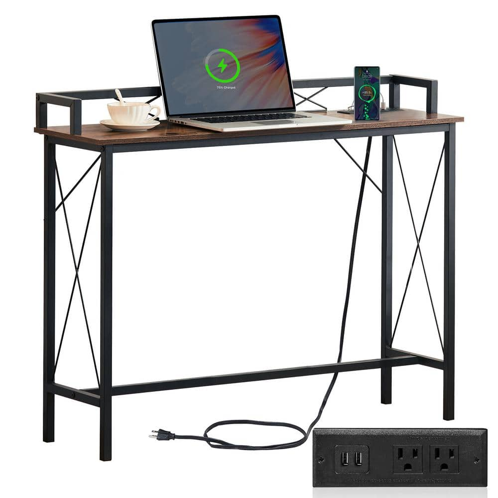 Vecelo Narrow Charging Station In Brown Rectangle Wood Console