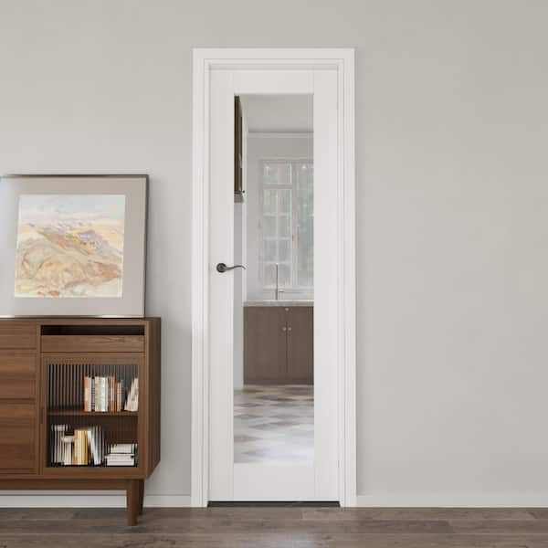 24 in. W. x 80 in. 1-Lite Clear Glass Right-Handed White Solid Core MDF Prehung Door with Quick Assemble Jamb Kit