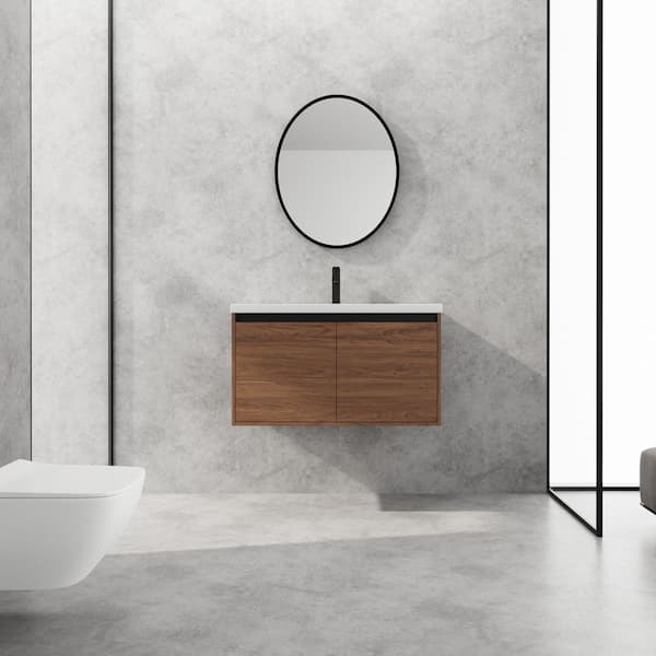 Elegant 35.43 in. W x 18.11 in. D x 20.47 in. H Single Sink BrownEbony Floating Bath Vanity with White Resin Top