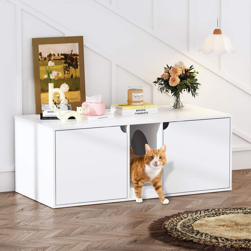 Gray cabinet style litter box enclosure in a hallway