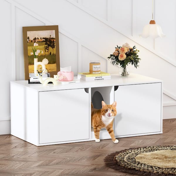 FUFU&GAGA Wooden Hidden Cat Litter Box Enclosure Furniture, Cat Washroom End Table with Double Room and Litter Catch for Indoor