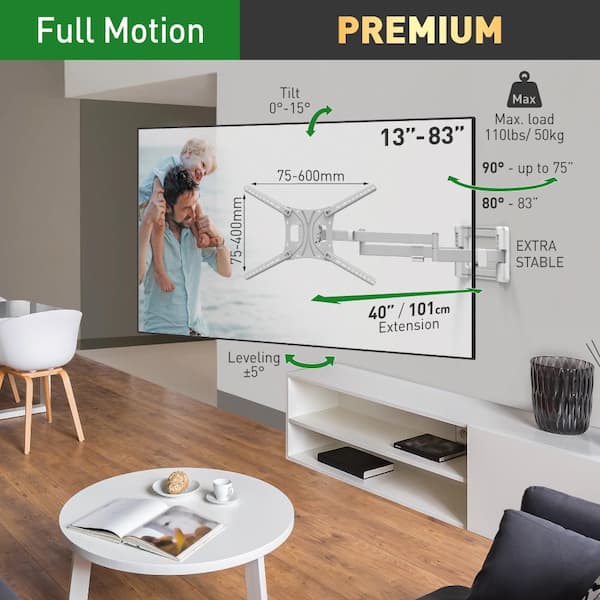 Barkan 13 in. - 80 in. Full Motion - 4 Movement Extra Long Dual Arm Flat/Curved TV Wall Mount White Extremely Extendable