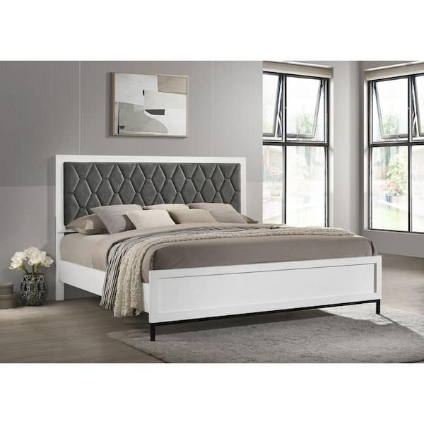 Coaster Sonora White and Dark Grey Wood Frame Eastern King Panel Bed with Hexagonal Tufting