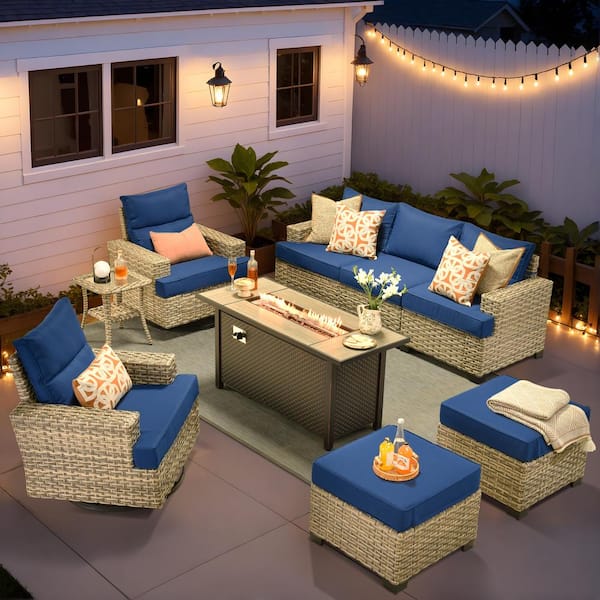 Torino Gray 9-Piece Wicker Outdoor Patio Conversation Deep Sofa Seating Set with Metal Fire Pit and Navy Blue Cushions