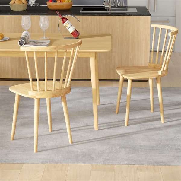 Natural Rubber Wood Windsor Dining Chairs with Spindle Back for Living Room Set of 2