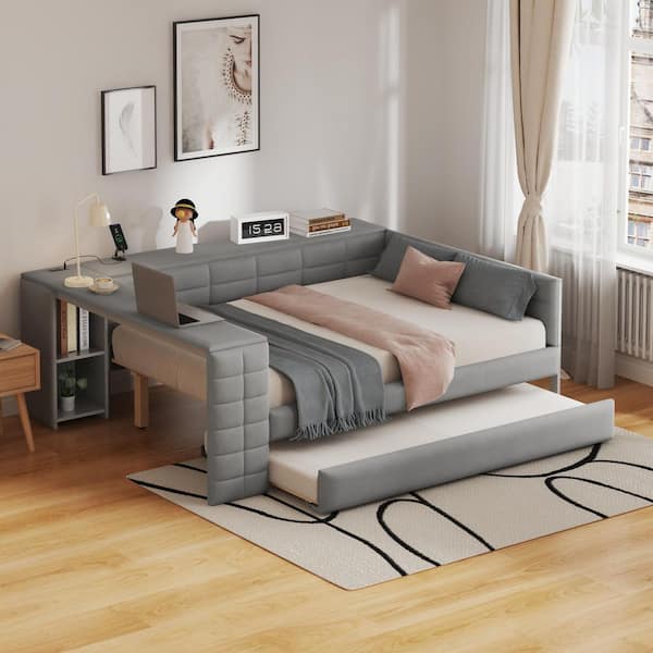 Gray Wood Full Size Upholstered Daybed with Trundle, Desk, Storage Shelves and Charging Station