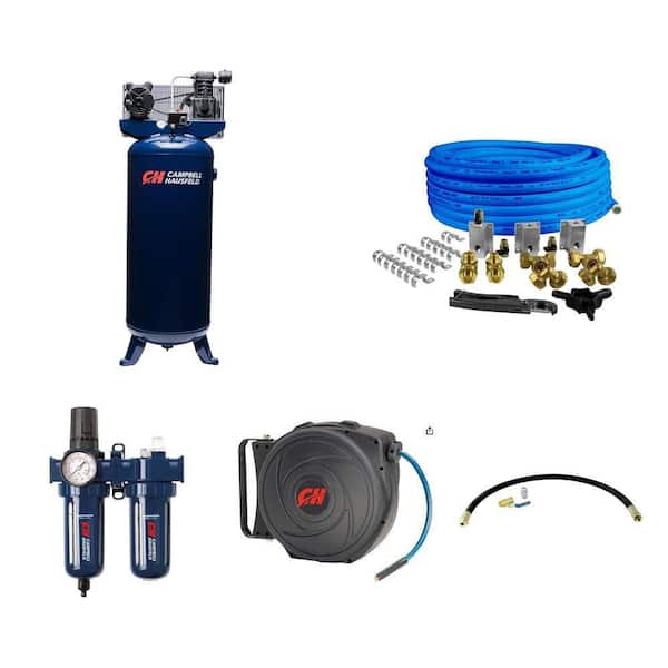 60 Gal. Air Compressor, Piping, Filter, Hose Reel and Install Kit