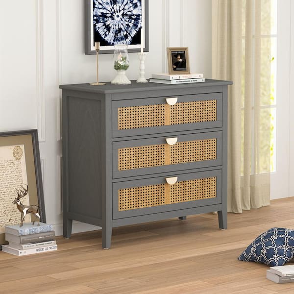 Boyel Living Gray 30 in. 3 Drawer Cabinet, Natural rattan Suitable for bedroom, living room, study