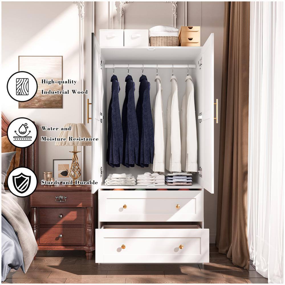 White Shaker Style Two-Door Armoire with Gold Handles