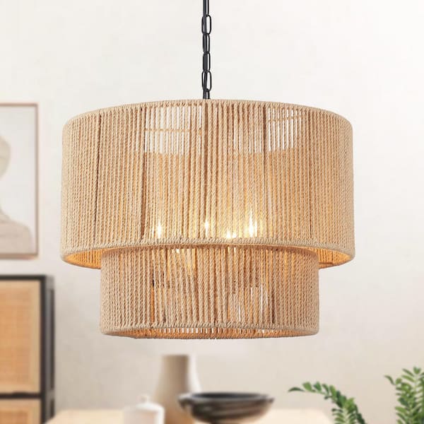 5 Light 2-Tier Black Drum Rattan Dimmable Chandelier for Kitchen Island with No Bulbs Included