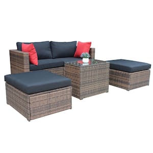 Classical Brown 5-Pieces Wicker Outdoor Conversation Sofa and Armless Lounge Chair Set with Black Removable Cushions