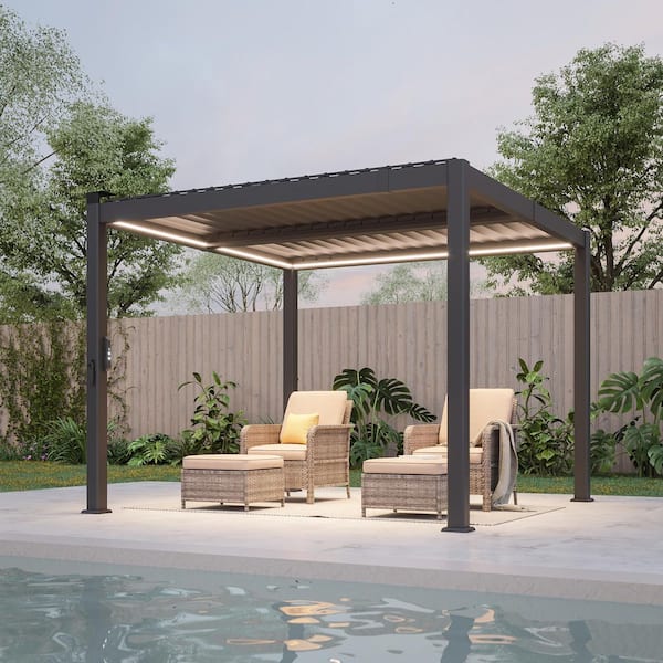 Sereno Series 10 ft. x 10 ft. All-Aluminum Pergola with Solar-Powered LED Lights, Removable Control Panel, Grey