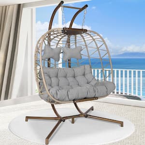 Large Indoor Outdoor Beige Wicker Double Swing Egg Chair with Gold Stand and Light Gray Cushion