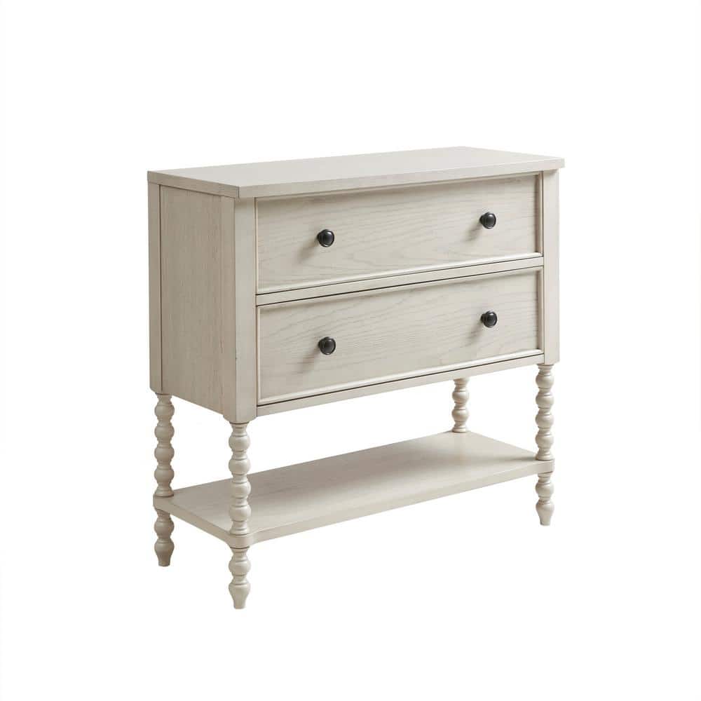 Antique White Acacia Double Drawer Chest with Spindle Legs